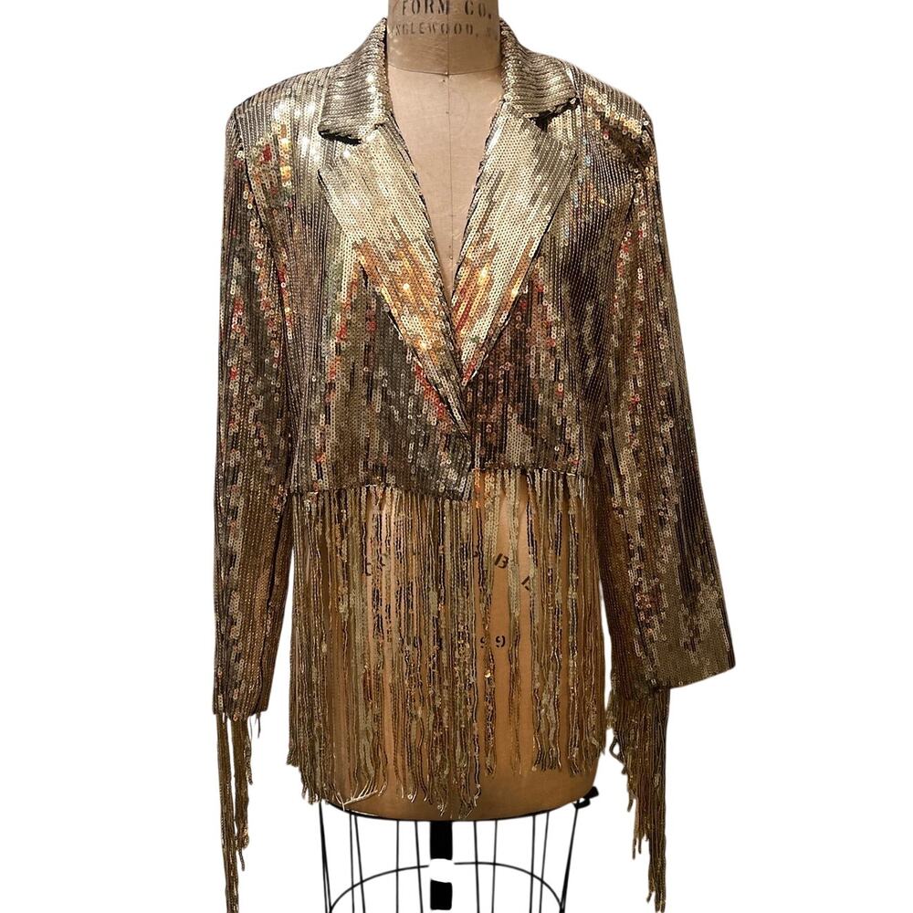 Nasty Gal Gold Sequin Cropped Tassel Fringed Blazer Jacket Size 12